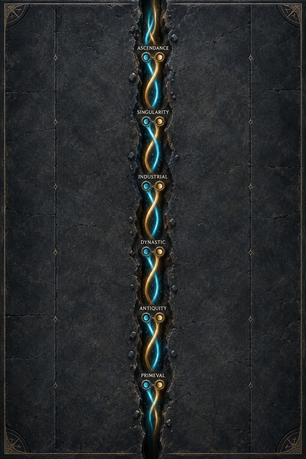 Chrono Needle: A narrow fracture and paired arrival points. Two open stone lanes flank the center.