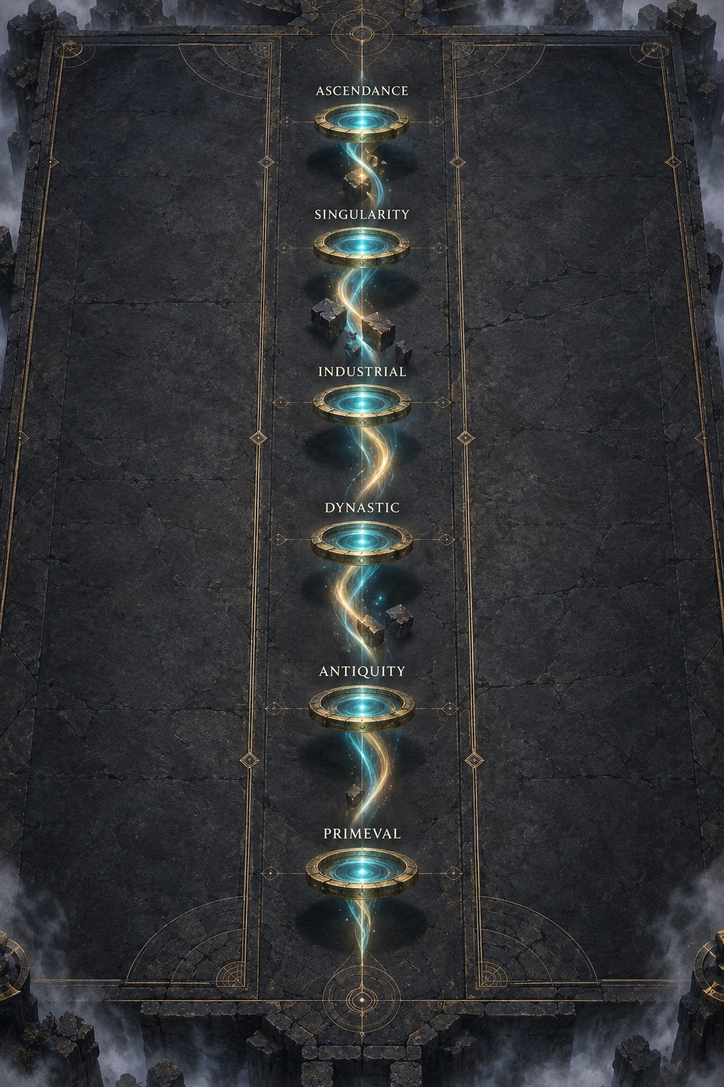 Event Horizon: Six suspended rings give each Era a doorway through the fracture. Two open stone lanes flank the center.